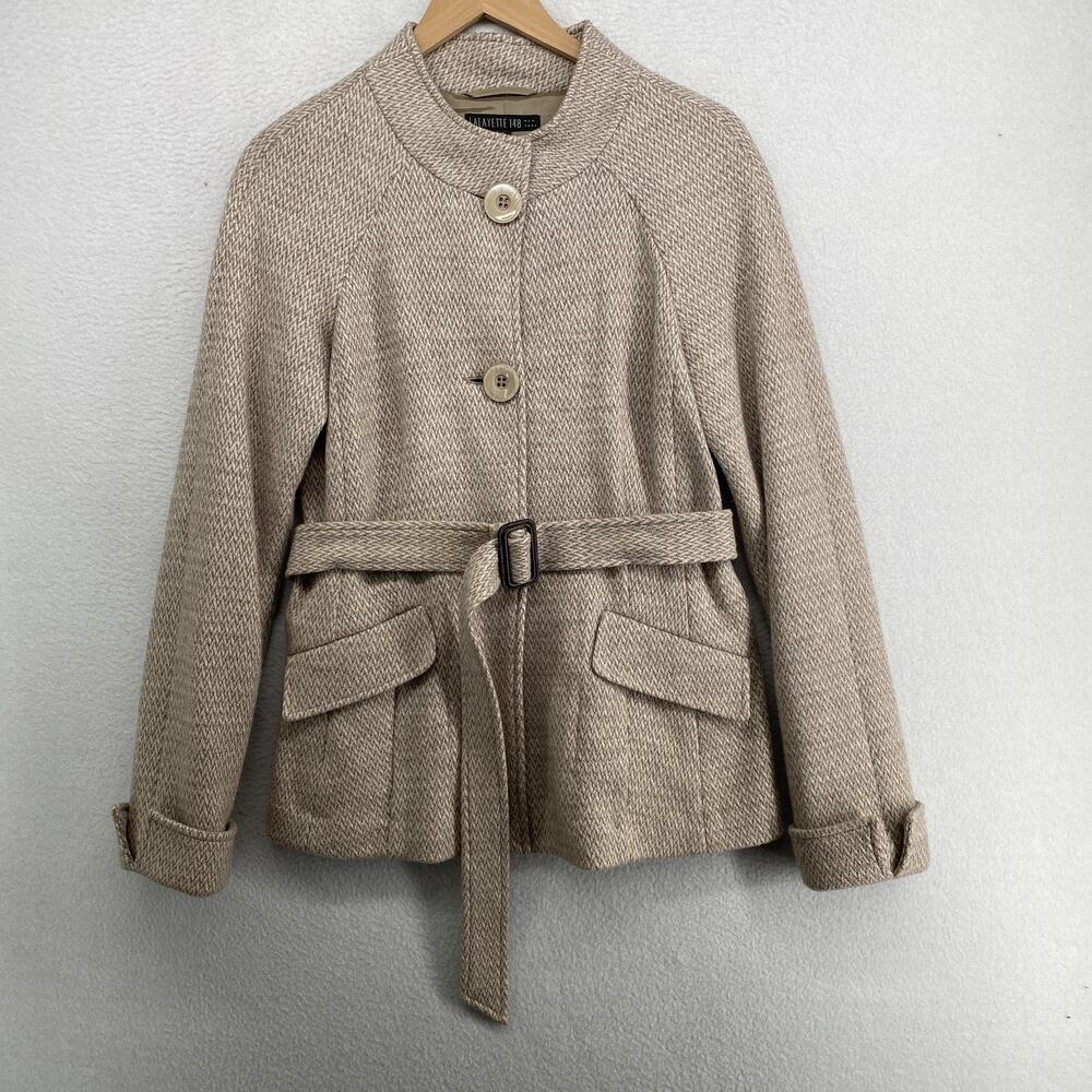 LAFAYETTE 148 NEW YORK JACKET 8 Wool Herringbone Belted Button Up Jacket Beige